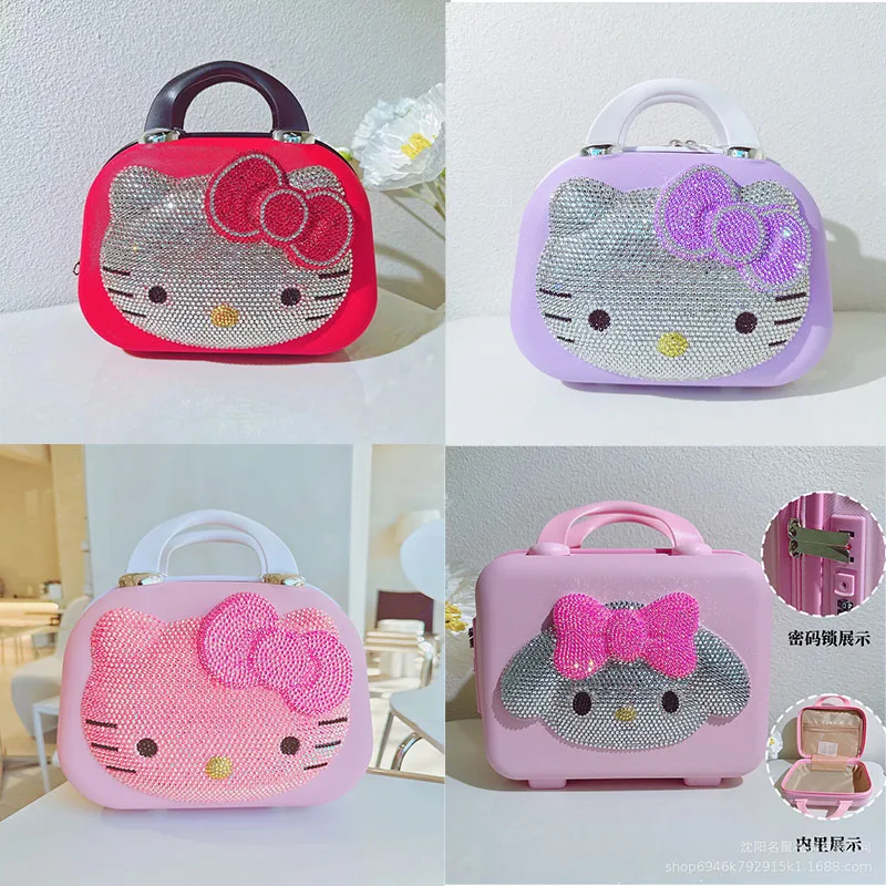 

12 Inches Anime Figure Hello Kittys Rhinestones Cosmetic Case Sanrioed Suitcase Girls Storage Box Portable Creativity Gift Boxes