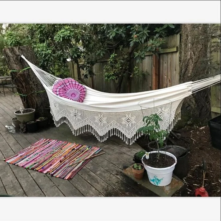 BODI Handmade Boho Luxury Brazilian Deluxe Double Hammock Custom Linen Cotton Camping Outdoor  with Macrame Beach Swing