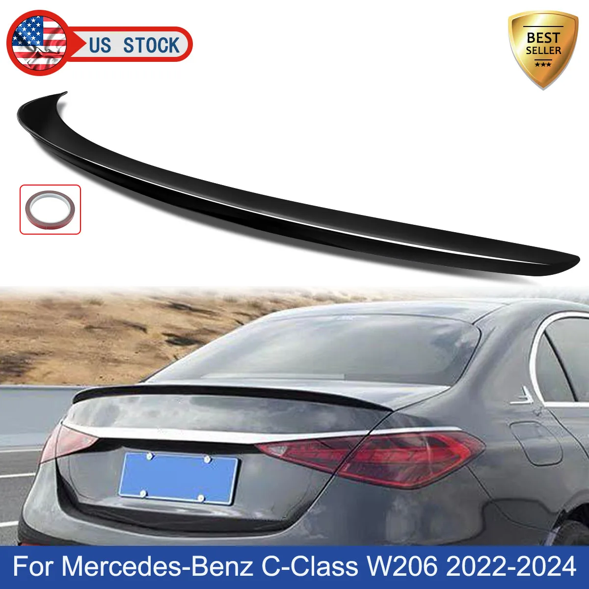

For Mercedes C Class W206 Rear Splitter Spoiler C180 C200 C300 C400 2021 2022 2023 Saloon AMG Rear Boot Lip Spoiler Glossy Black