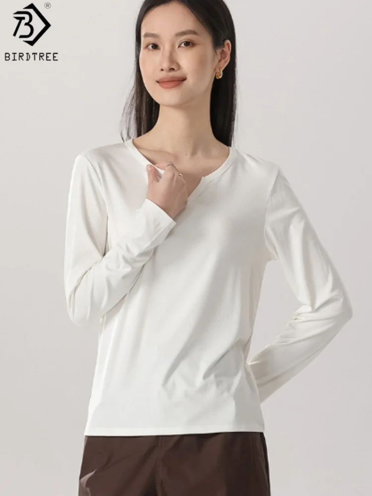 

Birdtree 6% Silk 83.5% Viscose T-shirt,Women V-neck Solid Color Long Sleeve Loose Shirt Blouse Top,2025 New T57828JF