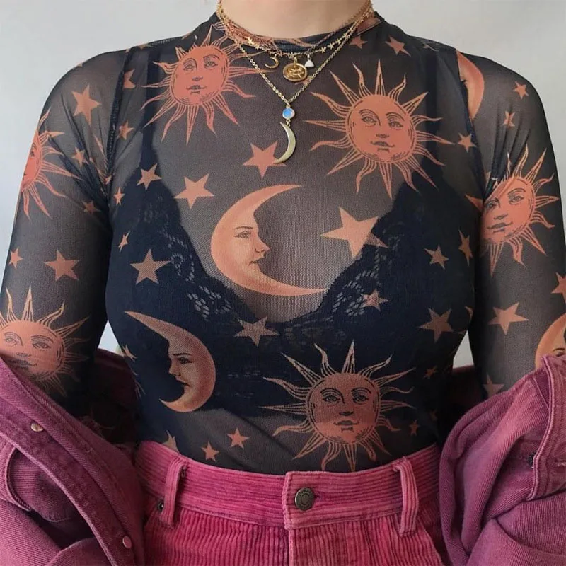 Sun Moon Printed Transparent Mesh Sexy T-Shirt Women O-Neck Long Sleeve Slim Basic Casual Female Tops 2024 Spring New