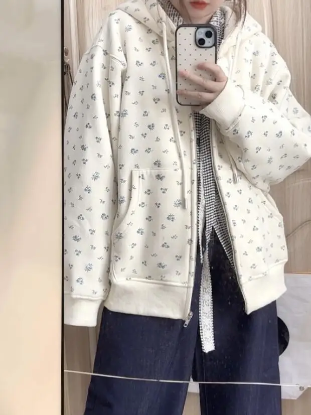 

Sweet Floral Print Hoodie Jaet Women's Spring Autumn Loose Fit Comfortable BM Sle Open Cardigan Top Korean Sle Knitted ...