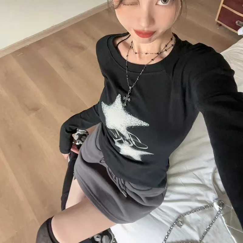 Star English Top Girls Y2K Printed American Retro Splicing Threaded T-shirt Women Autumn Bottom Shirt Hot Girl Long Sleeve Top