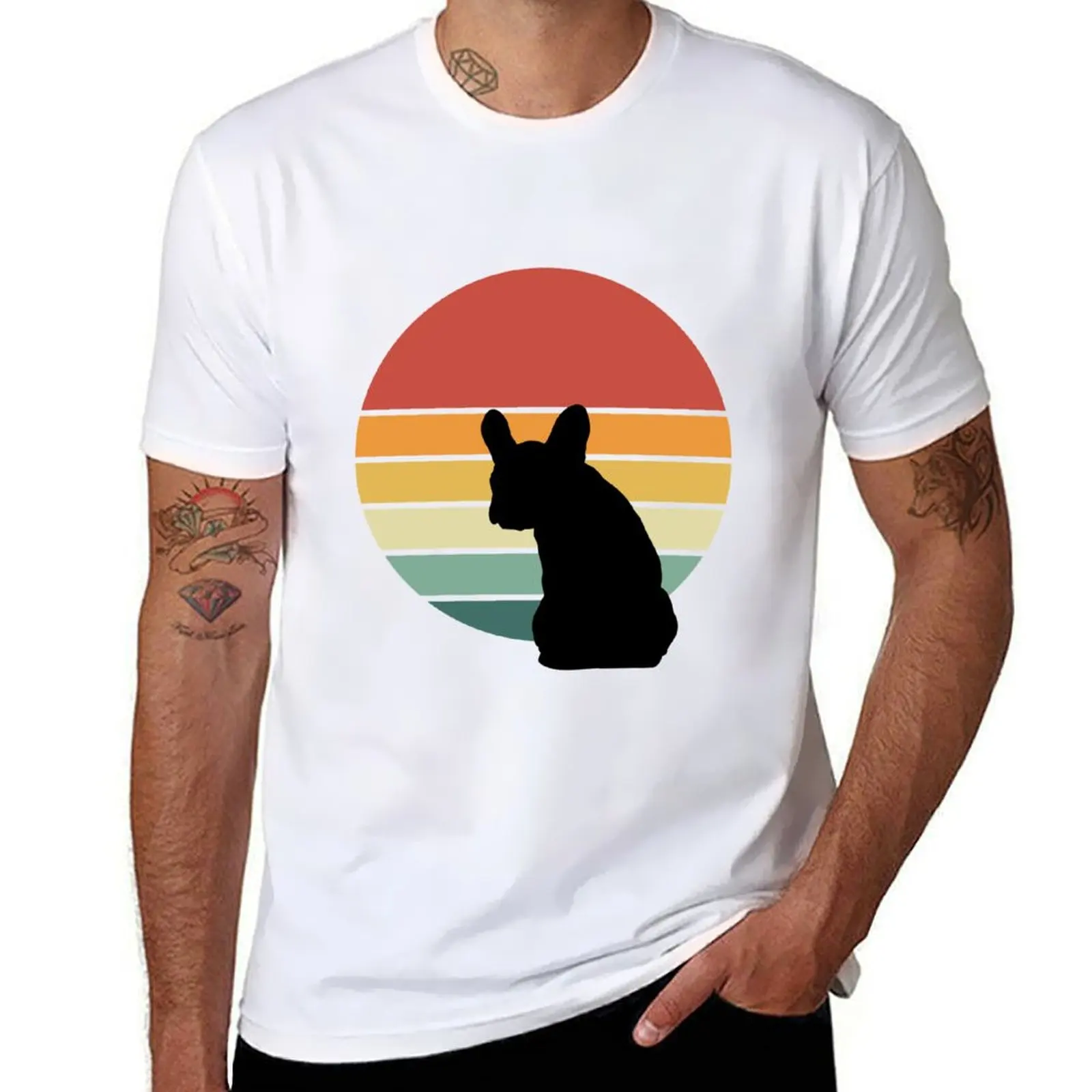 

French bulldog lovers, frenchie mon, frenchie dad, frenchie on vintage sun T-Shirt men t shirt cotton 100% T-Shirt