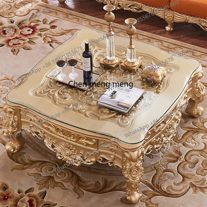 

High-end European coffee table full solid wood carving desktop carving luxury living room square luxury tea table