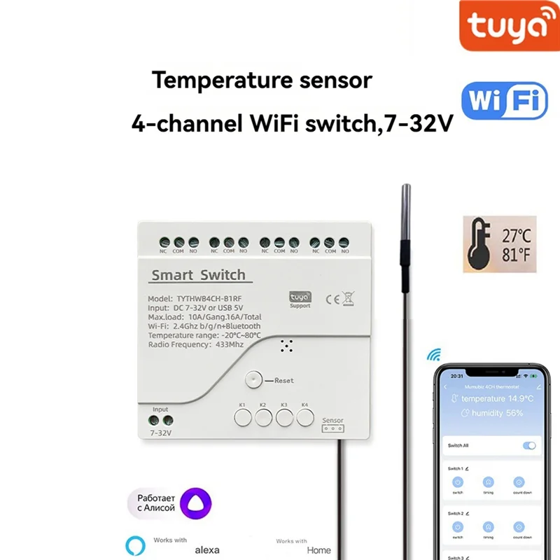 Leading-Tuya Wifi Smart Switch 4-Kanal-Smart-Switch DC 7-32V Smart Switch funktioniert mit Smart Life APP