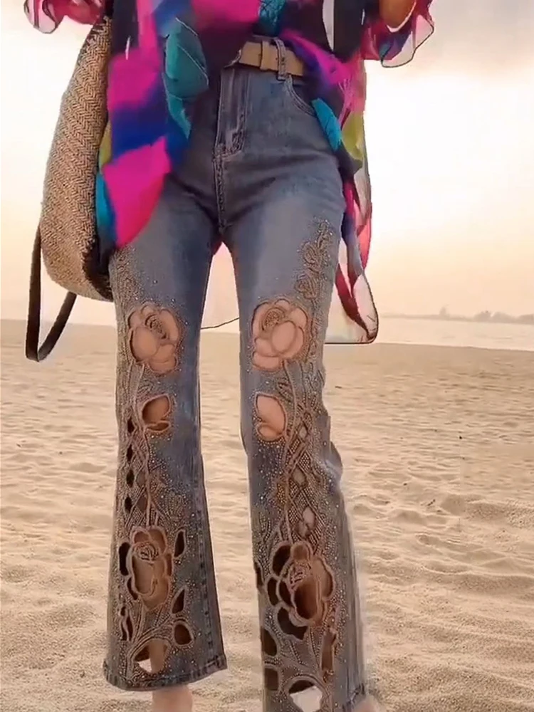 

Женские летние новые узкие модные универсальные расклешенные брюки с высокой талией и девятью точками, полые джинсы с вышивкой для тяжелой промышленности