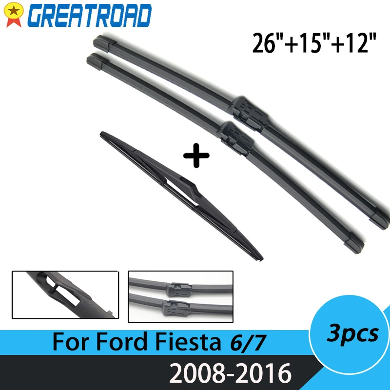 

Wiper Front Rear Wiper Blades Set For Ford Fiesta MK6 /MK7 in UK 2008-2016 Windshield Windscreen Front Rear Window 26"+15"+12"