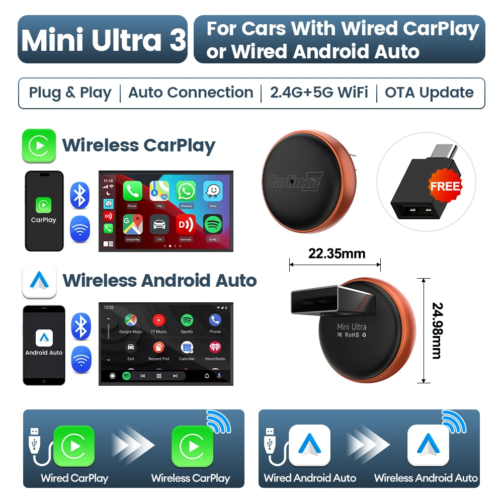 Mini Ultra 3 CarlinKit 5.0 draadloze adapter Draadloze CarPlay Android Auto voor OEM auto Plug & Play WiFi Bluetooth automatische verbinding