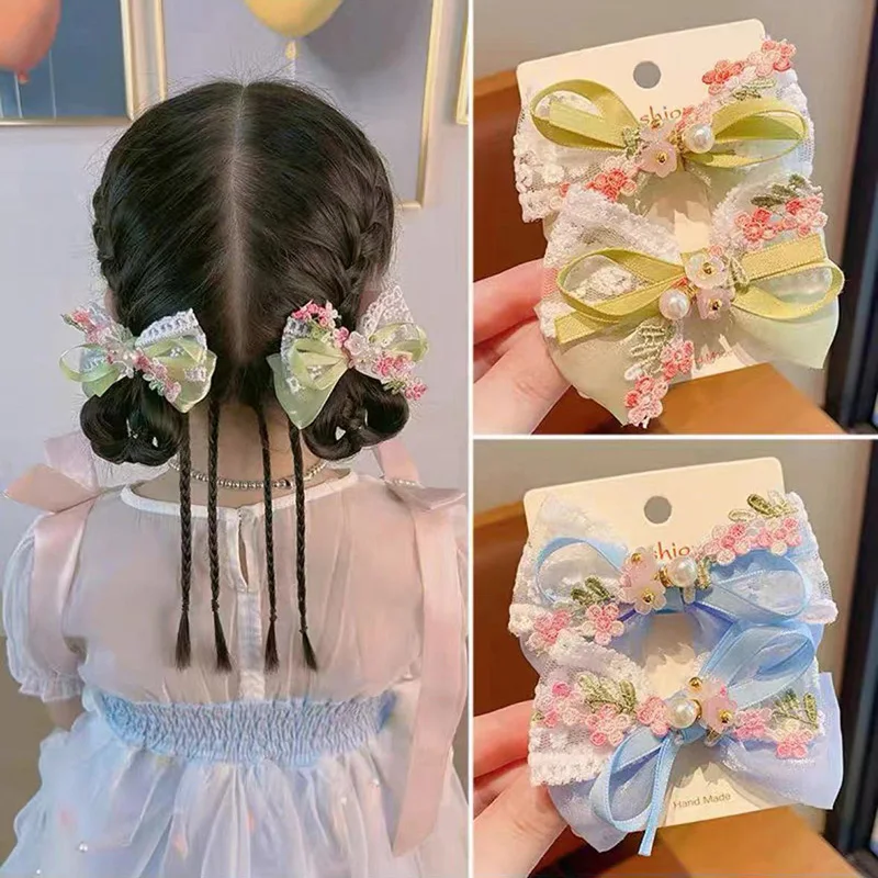 2PCS/Set Cute Flower Embroidery Bow Hair Clips for Baby Girl Sweet Bowknot Duck Tongue Clips Kids Barrettes Fairy Headdress