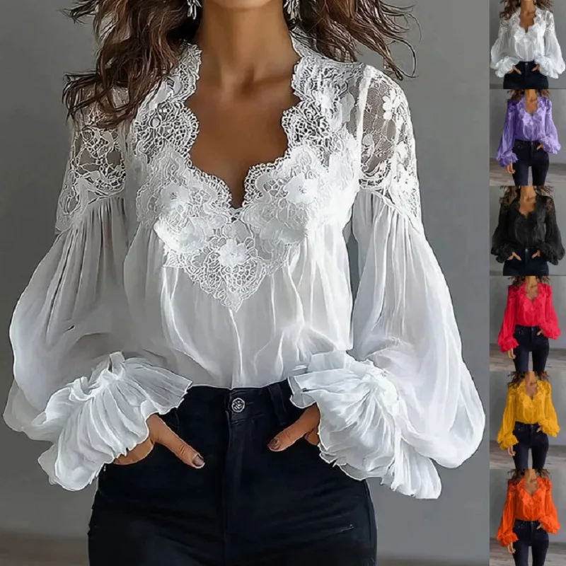 

Women Lace Blouses and Shirts Ladies Puff Sleeve Tops Shirts