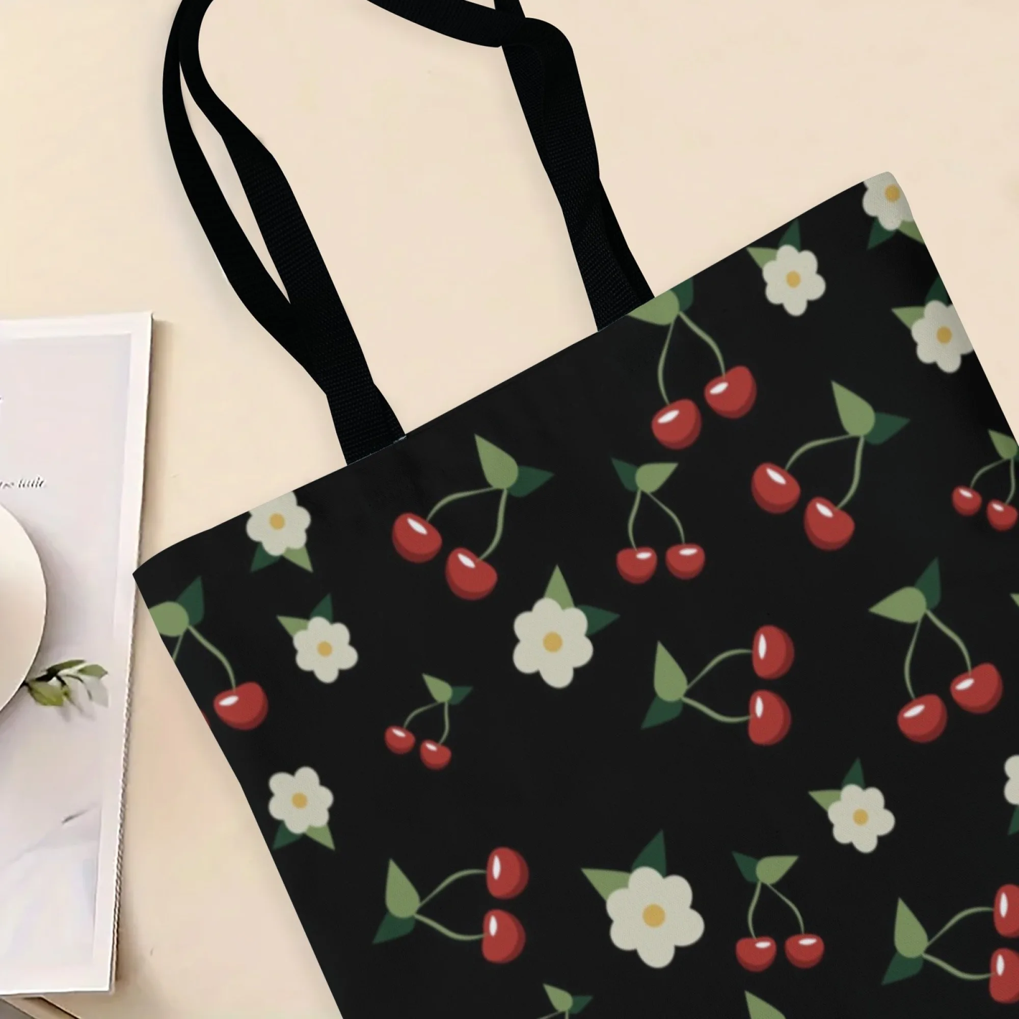 Black Cherry & Vintage Canvas Women Tote Bag Sweet Shoulder Bag Reusable Ideal for Vintage Fans Cute Style & Daily Sweet Looks