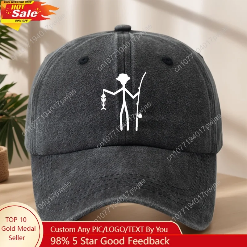 

Creative design fishing print baseball cap, classic washed retro duckbill cap, soft comfortable, sweat-absorbent breathable hat.