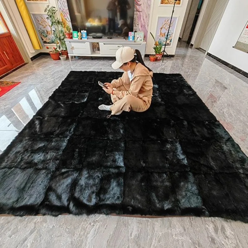 Custom Real Rabbit Fur Bed Rug Carpet Natural Leather Mat Sofa Living Room Cozy Home Decor Decoration Collection Accessory DIY