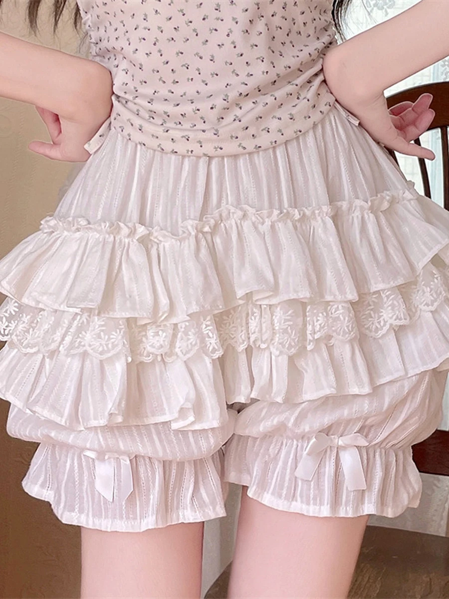 Chic Women’s Multi Layer Lace Trim Ruffle Shorts High Waist Solid Color Bow Bloomers Pajama Sweety Lolita Bottoms Pajama Bottoms