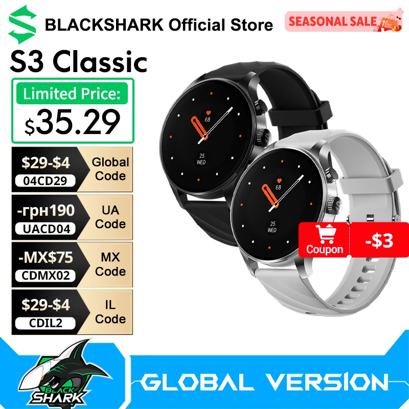 New Blackshark S3 Classic Smartwatch 1.43''AMOLED  120+ Modes Sport Functions 16 Days Battery 3ATM Bluetooth5.4 gifts for women