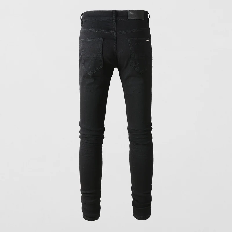 High street fashion new men's black jeans stretch slim fit retro washed leather patch jeans hip-hop brand designer pants Hombre