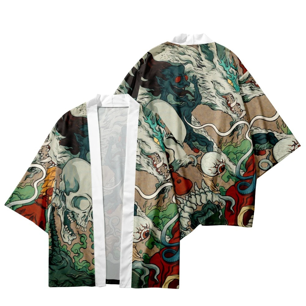 Streetwear Kimono Jepang Pria Wanita, kardigan Cosplay motif kerangka, Kimono tradisional pantai mode Haori, kemeja Jepang 5XL 6XL