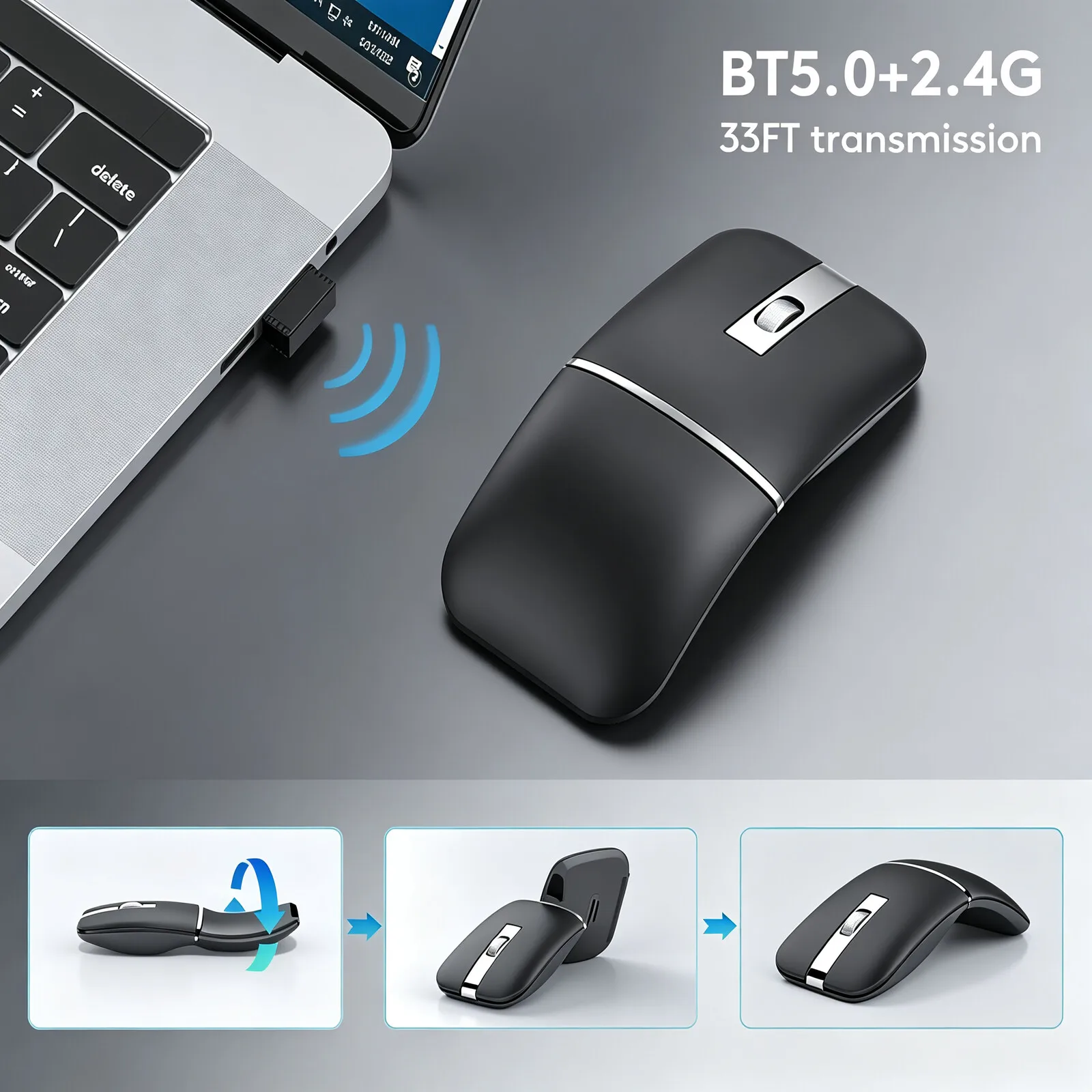 Ultra Thin Arc 360 Rotatable Wireless Mouse Dual Bluetooth 2.4G Rechargeable Mute Mice Portable Office Travel Computer Mouse