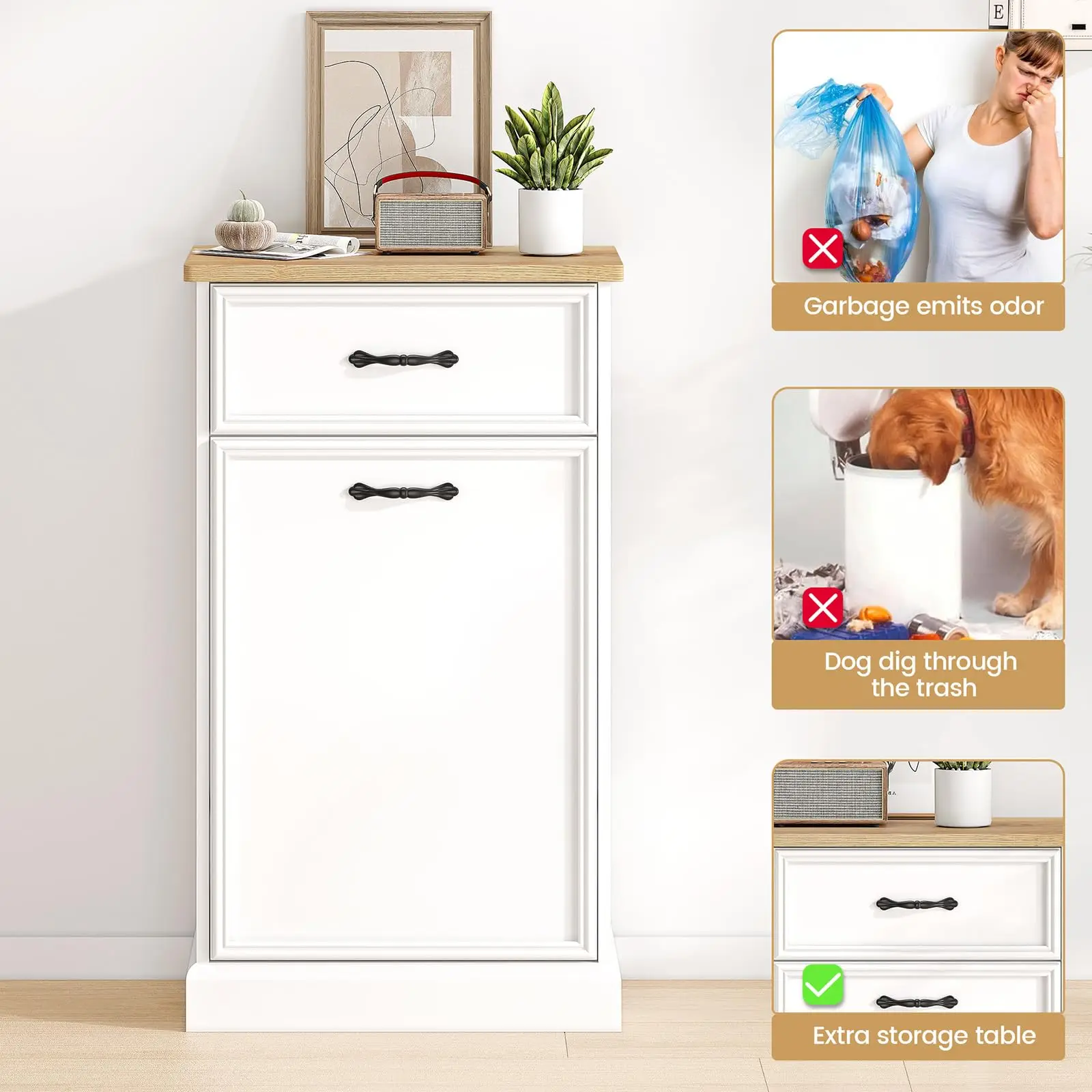 Trash Cabinet Tilt Out, Hidden Trash Can Cabinet 10 Gallon Storage Holder, Freestanding Pet-Proof Garbage Can Cabinet for Kitchen Dining Living Room