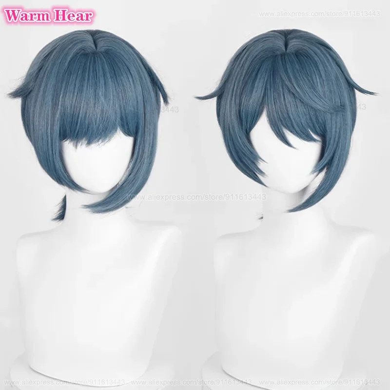 Xingqiu Synthetic Wig Anime Sea Lantern Festival Short 30cm Blue Gray Ponytail Cosplay Wig Heat Resistant Hair Party Woman Wigs