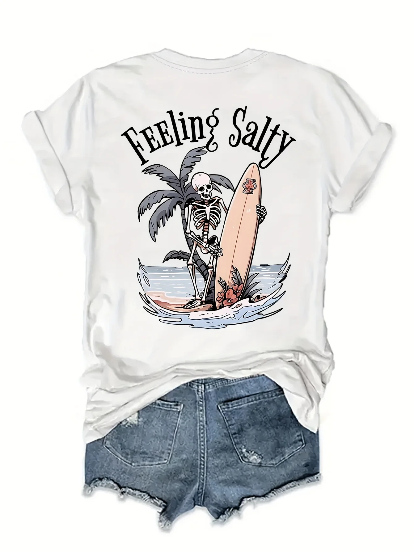 تي شيرت مطبوع عليه شجرة جوز الهند على شكل جمجمة للعطلات النابضة بالحياة - تي شيرت نسائي كاجوال بأكمام قصيرة ورقبة دائرية لفصل الربيع والصيف