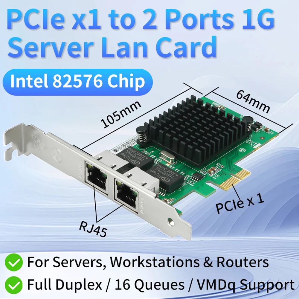 การ์ดเชื่อมต่อเครือข่าย INTEL 82576-T2 Gigabit PCIe x1 แบบสองพอร์ต สำหรับเดสก์ท็อป ความเร็ว 1000Mbps 2 พอร์ต RJ45 สำหรับเซิร์ฟเวอร์ รองรับ Windows และ Linux