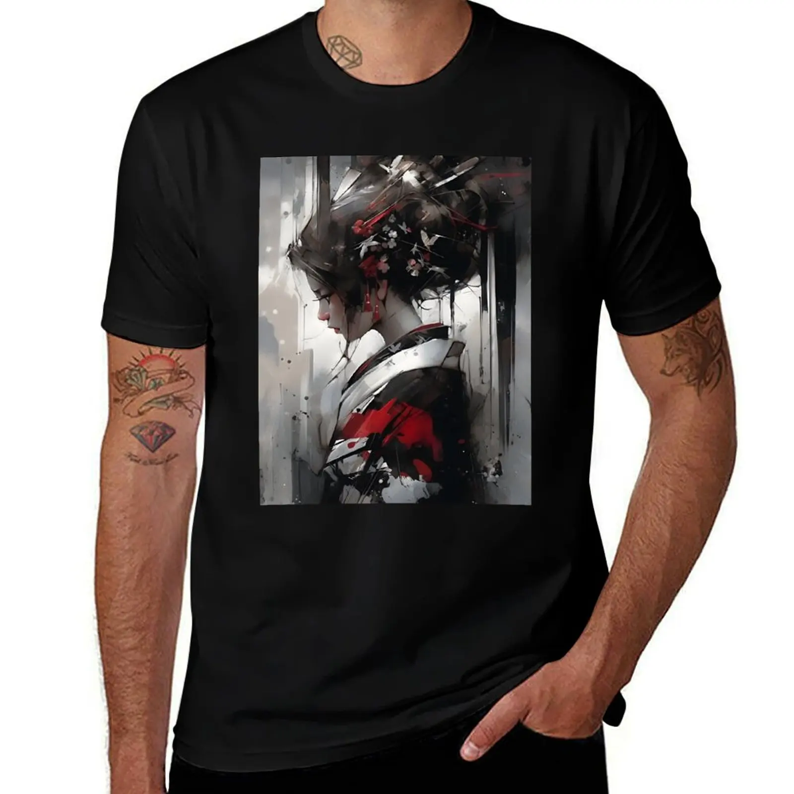 Lonely Japanese Geisha Art Print T-Shirt Plus Size Basic Cotton T-Shirt