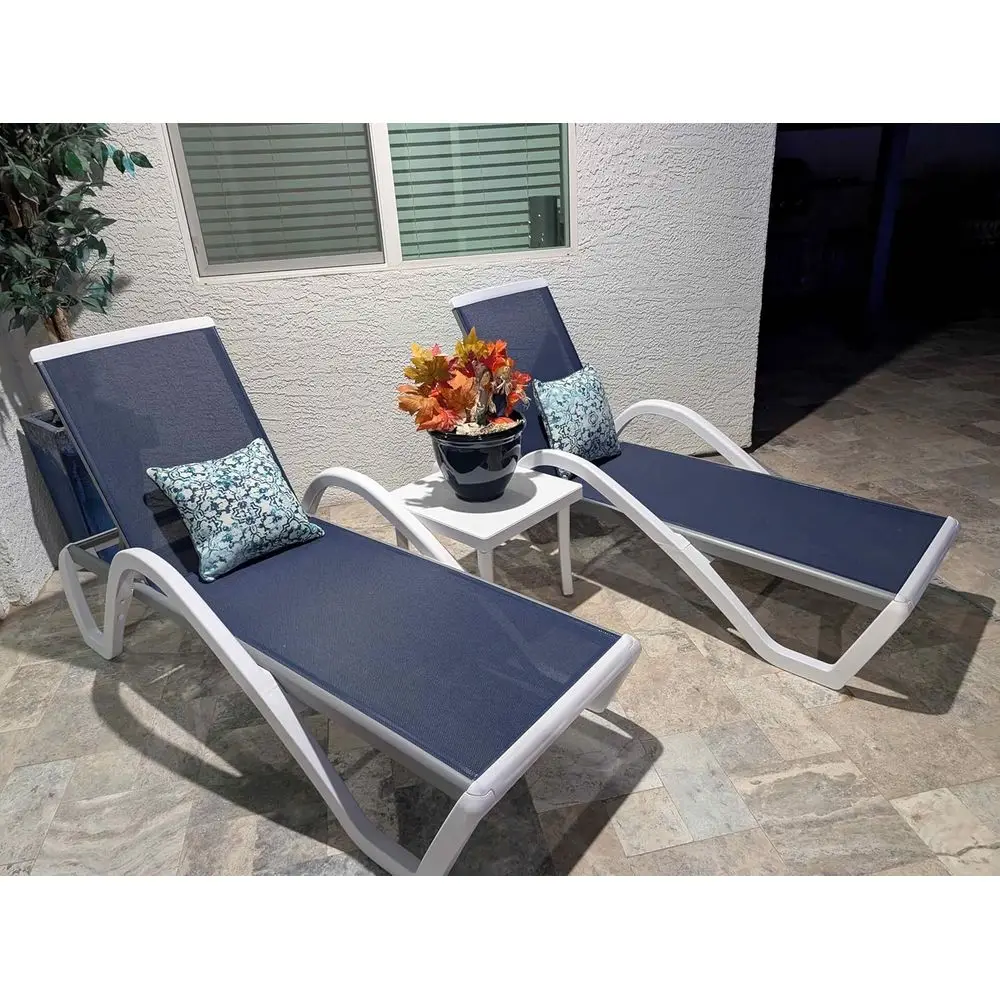 3-Piece Outdoor Stackable Patio Chaise Lounge Set with Side Table, Navy Blue