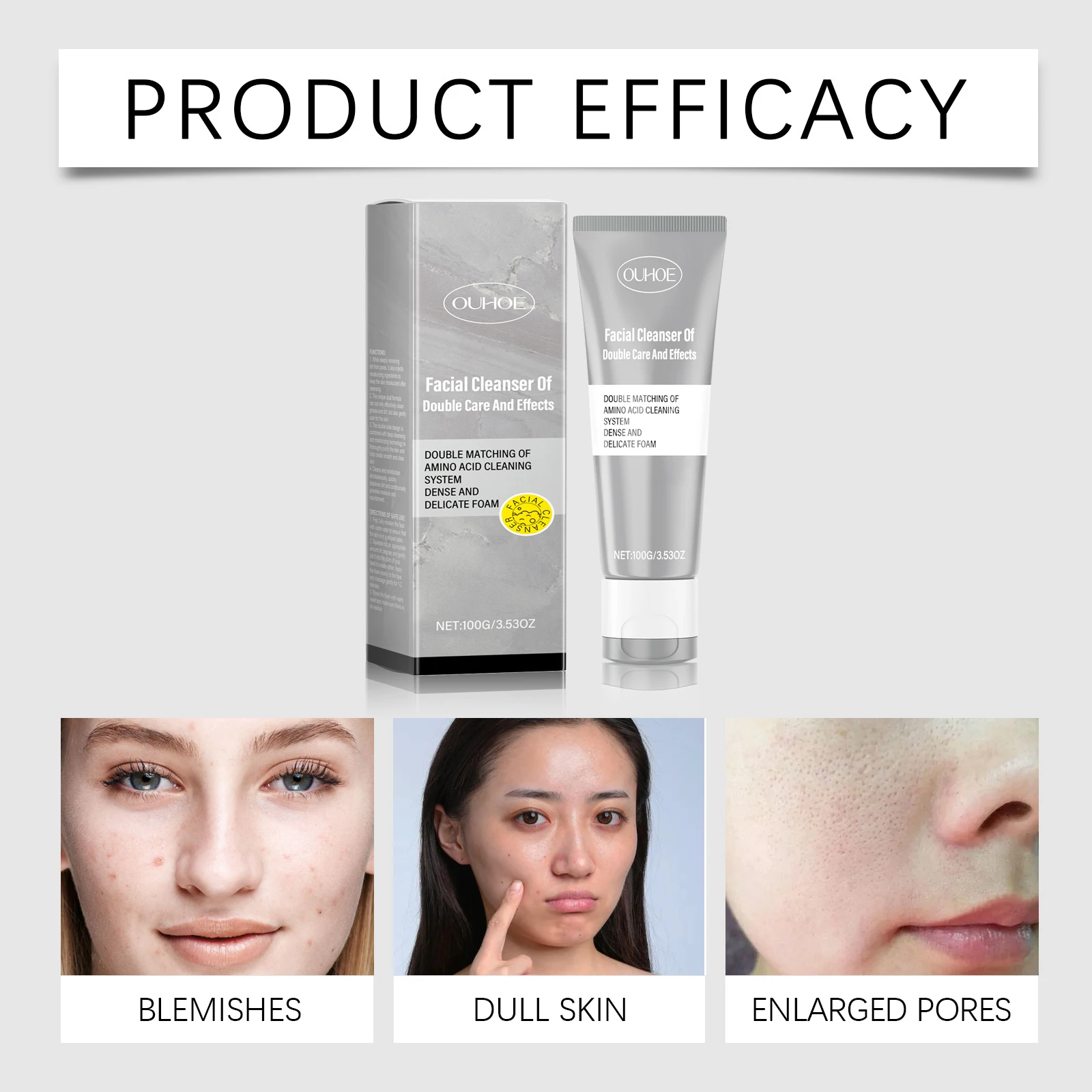 OUHOE Dual Effect Facial Cleanser Deep Purification Long-Lasting Moisturizing Gentle Formula Fresh Texture