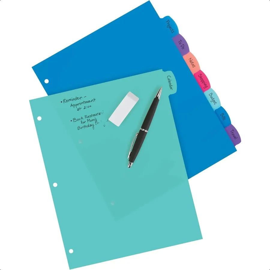 3링 바인더용 쓰기 및 지우기 가능한 디바이더, 세트당 8개의 탭, 다채로운 큰 탭, 파스텔 바인더 디바이더, 보고서 정리에 좋음