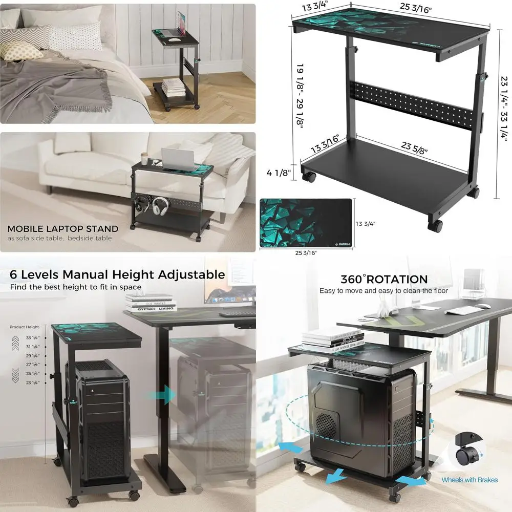 

Регулируемая по высоте двухуровневая металлическая передвижная тележка для компьютеров с корпусами ATX, принтеров и игровых устройств, подходит для домашнего офиса, черная