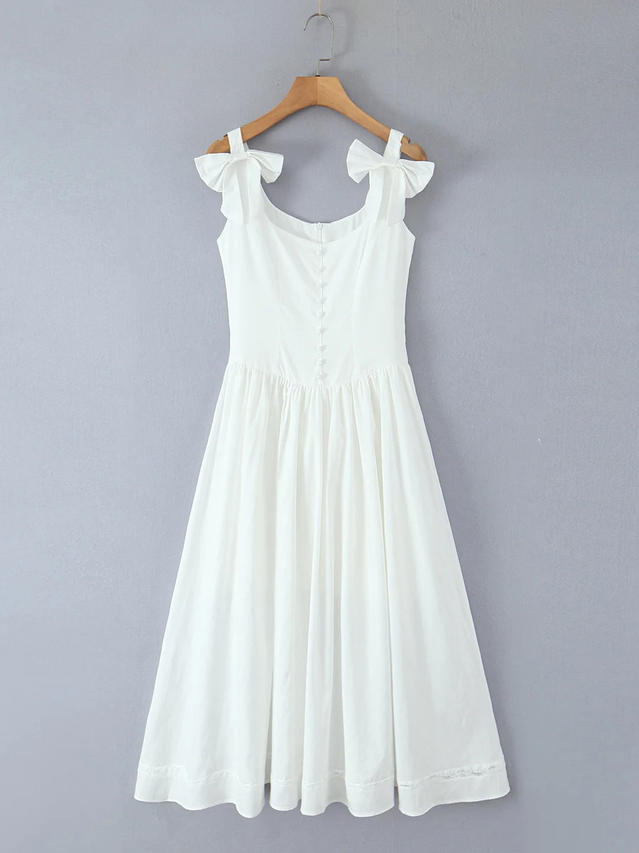 Fre doux blanc noeud épissure Strapl longue Dr minceur taille haute a-ligne robe d'été Ele Dra jupe