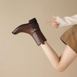 Women's New Autumn/Winter Round Head Metal Belt Buckle Leather Cowhide Retro Mid Heel Extra Large Leg Motorcycle Short Boots