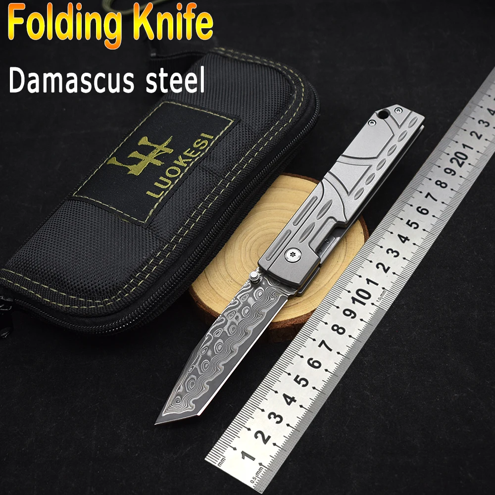 Damascus Steel Titanium Alloy Handle Folding Knives Outdoor Hunting Durable Hunting Knife Self Defense Top Quality Sharp EDC