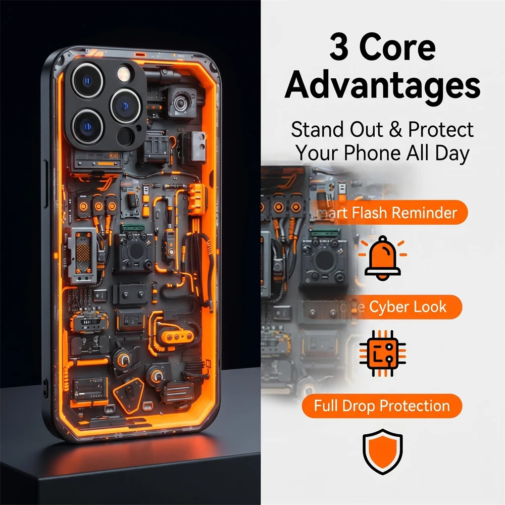 Orange Chip Circuit Design Sound Control LED Flash Cases Luminous Glass Cover For iPhone Air 17 16 15 14 13 12 11 Pro Max Plus