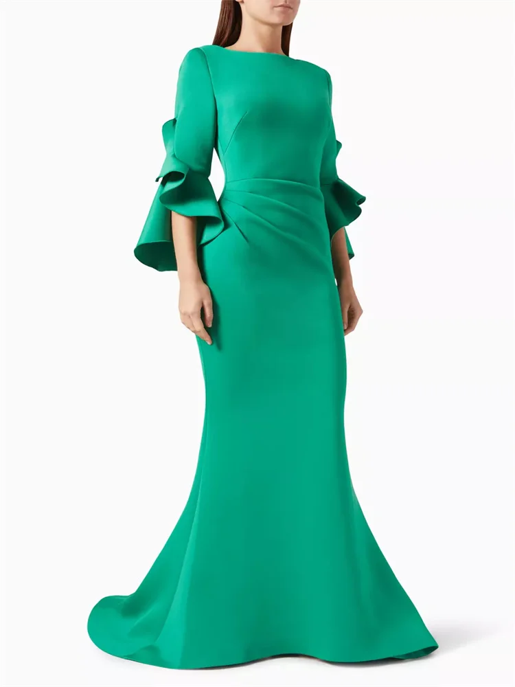 

New Arrival Wide Round Neckline Long Ruffle Sleeves Evening Dress Sexy Back Zipper Floor Length Sweep Train Gown For Women 2024