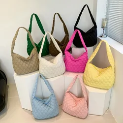 New Large Capacity Lattice Pattern Shoulder Bag Space Cotton Handbag Women Tote Bags Feather Padded Ladies Quilted Shopper Bag