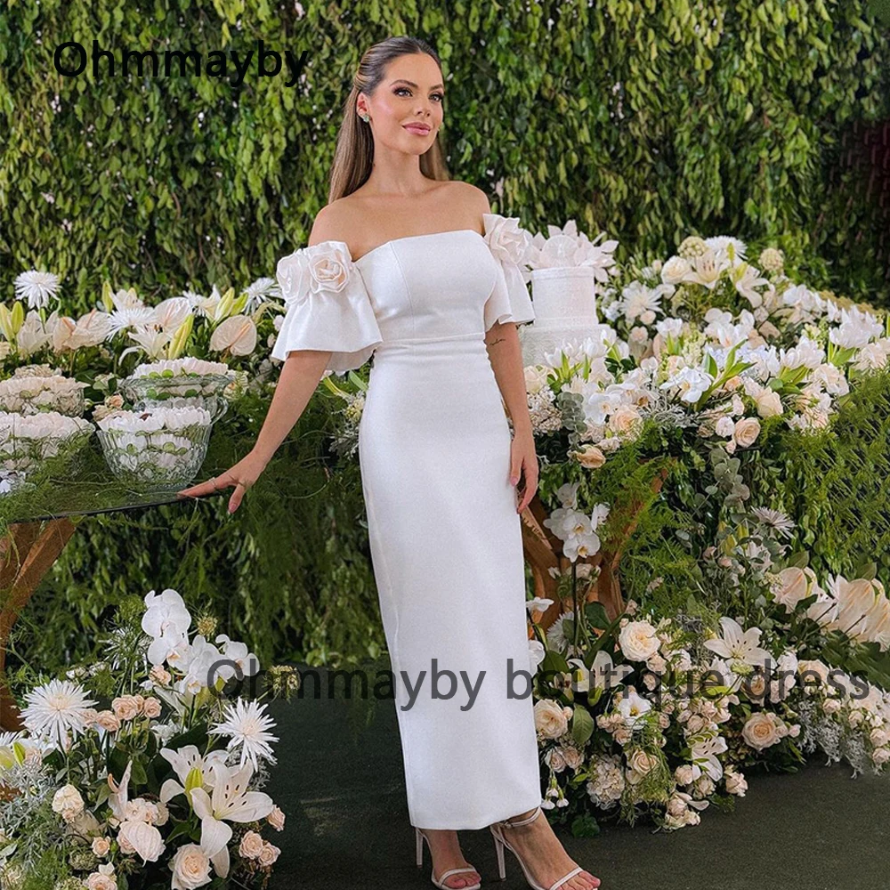 

White Mermaid Evening Dresses Off Shoulder Strapless Prom Party Dress Arabian Dubai Formal Evening Gowns Ankle Length