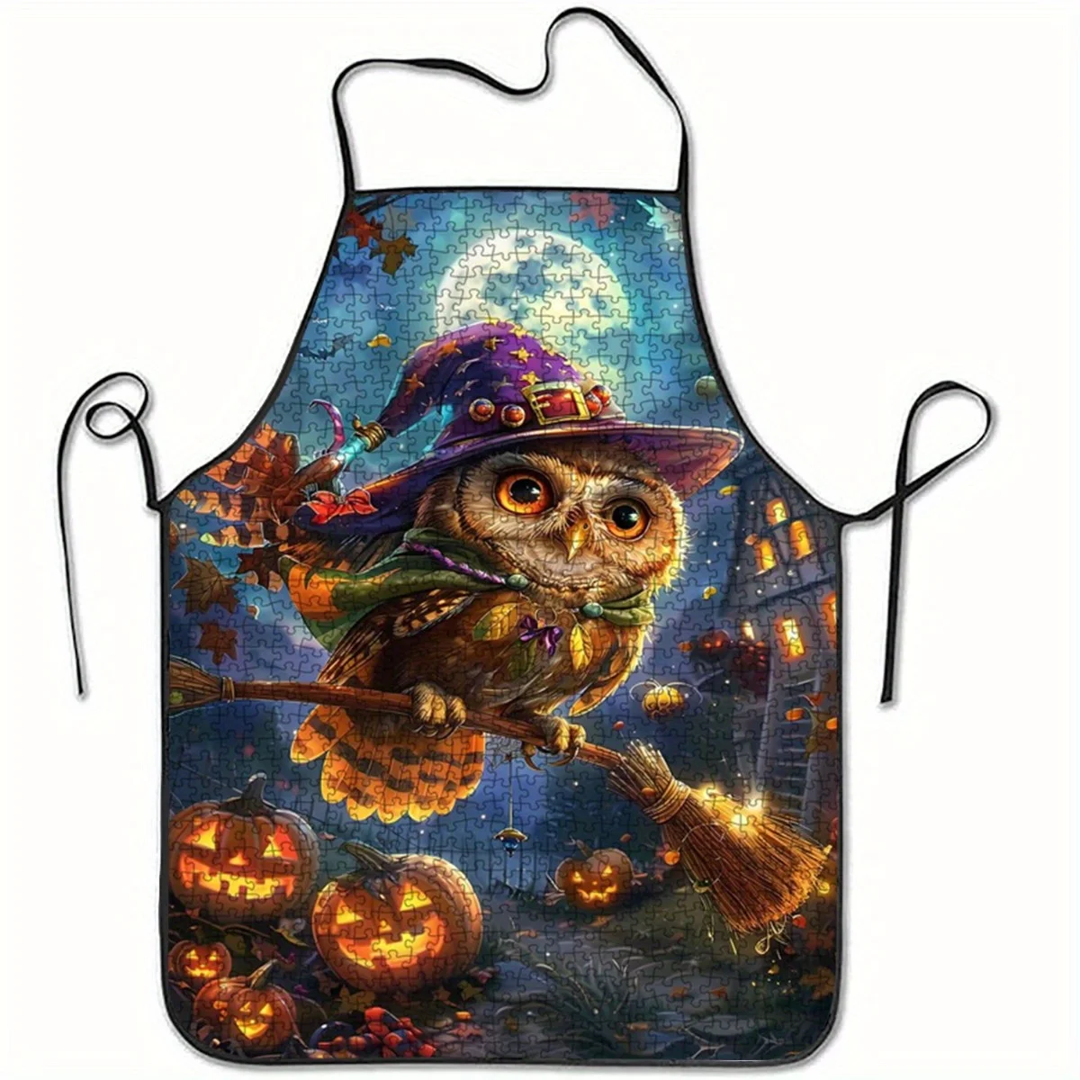 1pc Elegant Witch Owl Broomstick Design Apron - Magical Kitchen Cooking Party Costume Apparel for Women Men Durable