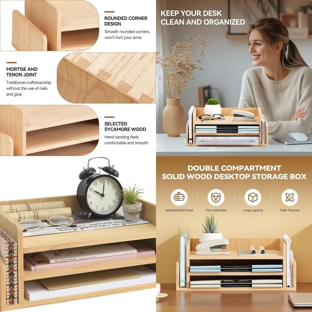 

Natural Wooden 3-Tier Desk Organizer - Letter & Document Mail Sorter Stand for Office Supplies