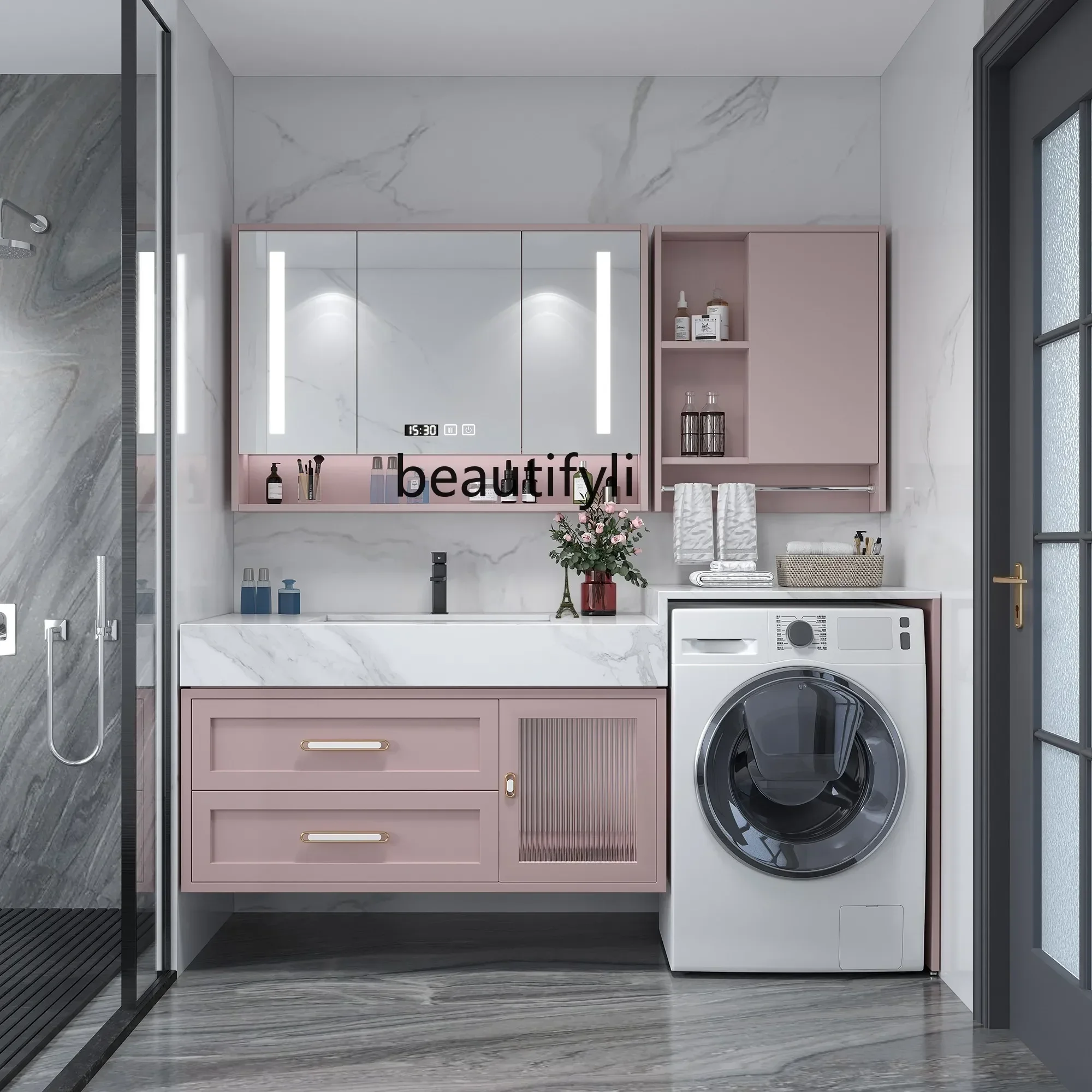 

Balcony Integrated Washing Machine Cabinet Group Light Luxury Stone Plate Bathroom Cabinet Bathroom Table