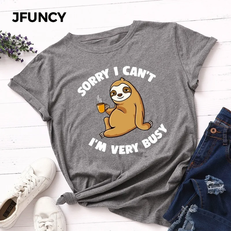 JFUNCY Mùa Hè Nữ 100% Cotton Áo Rời Nữ Tay Ngắn Người Phụ Nữ Áo Thun Ngộ Nghĩnh Giày Lười In TEE Áo Nữ Áo Thun Nữ