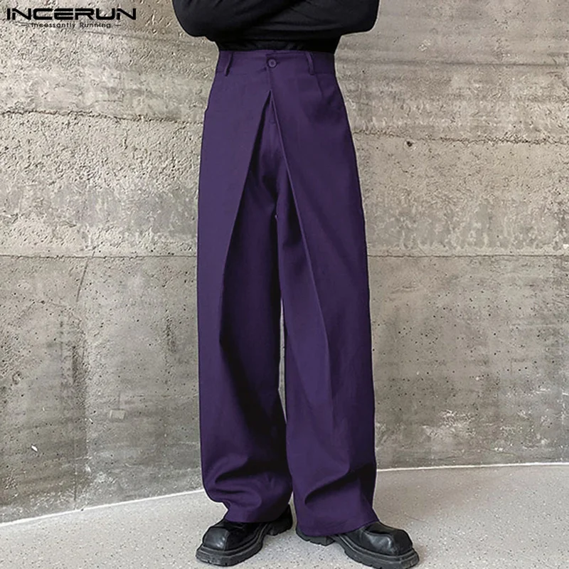 

INCERUN Men Pants Solid Color Button Joggers Loose Pleated Wide Leg Trousers Men Streetwear 2024 Fashion Casual Long Pants S-5XL