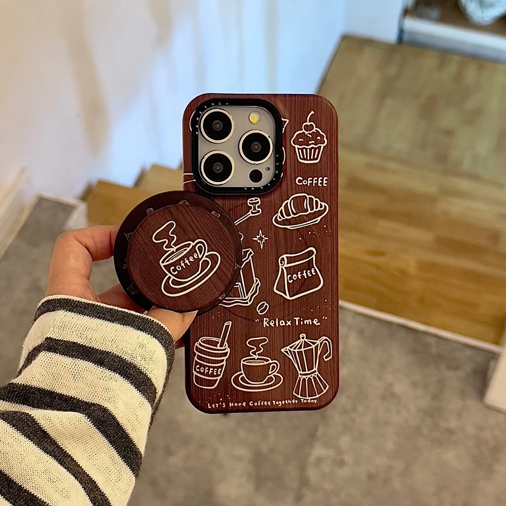 الرجعية خطوط بنية القهوة الكرواسون نمط خشبي مع حامل المغناطيسي غطاء الهاتف القضية آيفون 17 16 15 14 برو ماكس #2