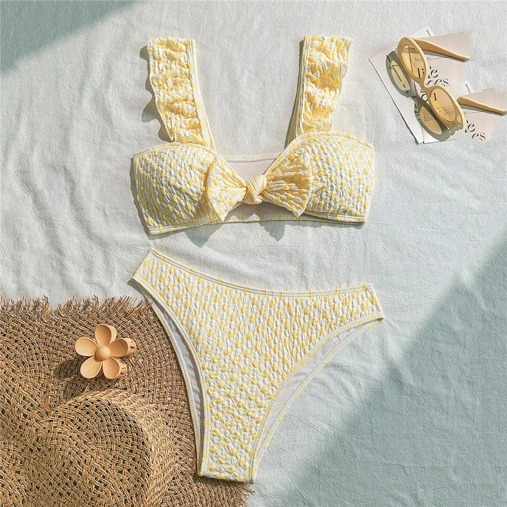 

2025 Front Bow Push Up Sexy Bikini Ruffled Straps Swimwear Yellow Plaid Swimsuit Woman 2025 Bathing Suit Bikinis Sets Biquinis