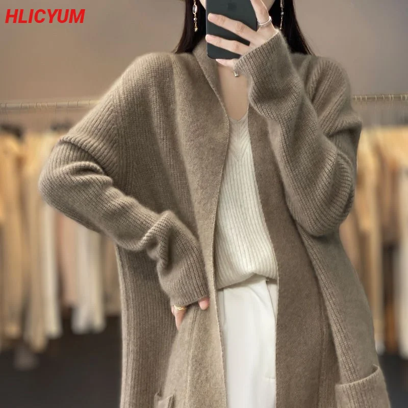 Long cashmere cardigan Autumn/winter new casual knitted garment Thickened V-collar lady's jacket loose 100% pure wool sweater