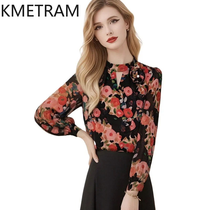 

KMETRAM Весенние женские топы: Рубашки с цветочным принтом в стиле ретро, элегантные блузки во французском стиле, высококачественная женская одежда 2026