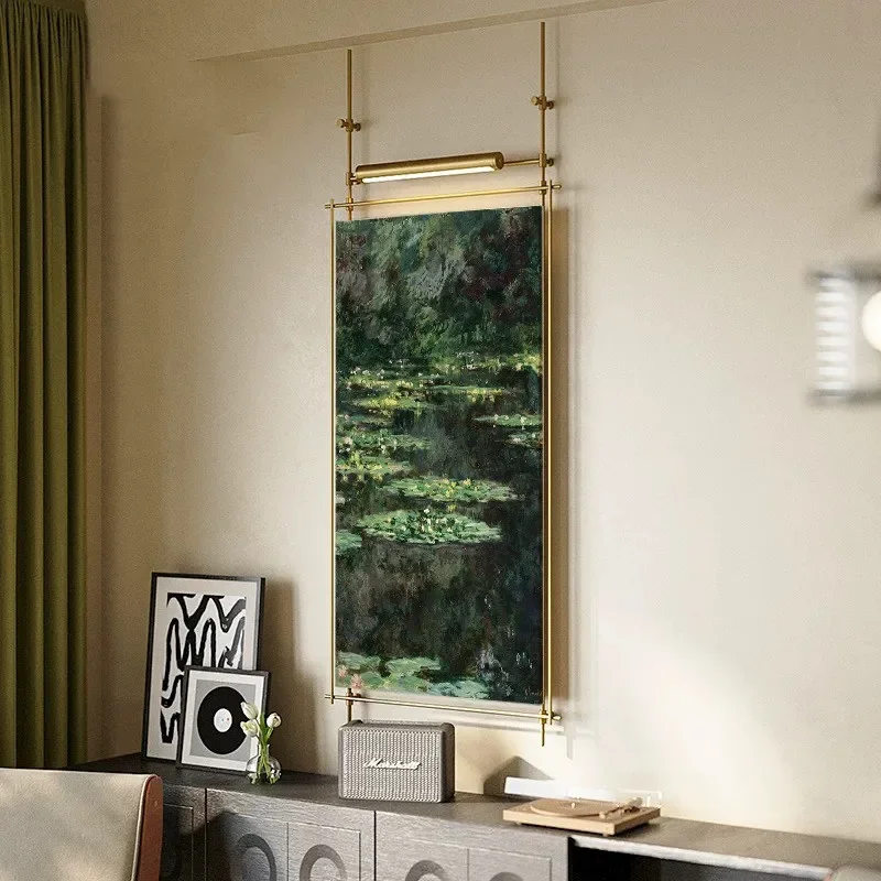 New Chinese restaurant high-end hotel decorative painting with lamp metal pole hanging painting high-end wall decoration