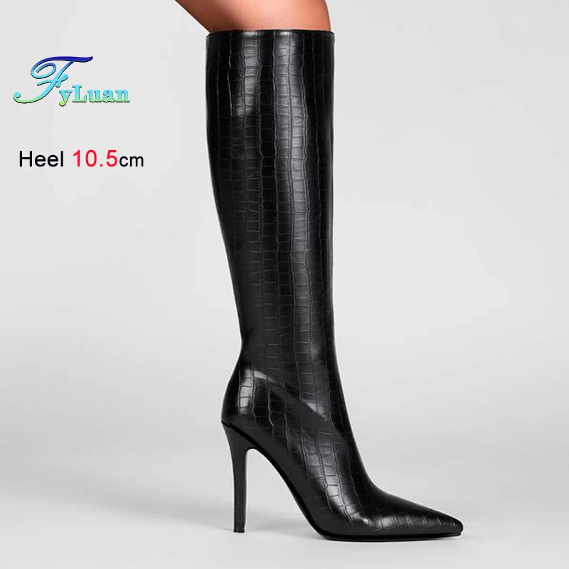 الخريف الشتاء الأسود المرأة حذاء برقبة للركبة حذاء برقبة للركبة رقيقة عالية الكعب 10.5 سنتيمتر أشار تو سيدة أحذية طويلة الأحذية حجم 36-43